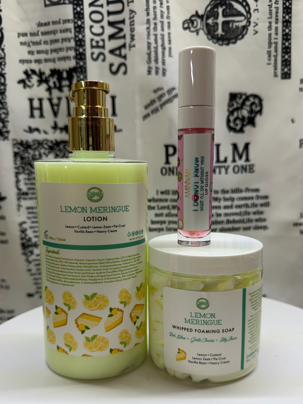 Aminnah Lotion & Whipped Foaming Soap Set With Lip Gloss- Lemon Scented